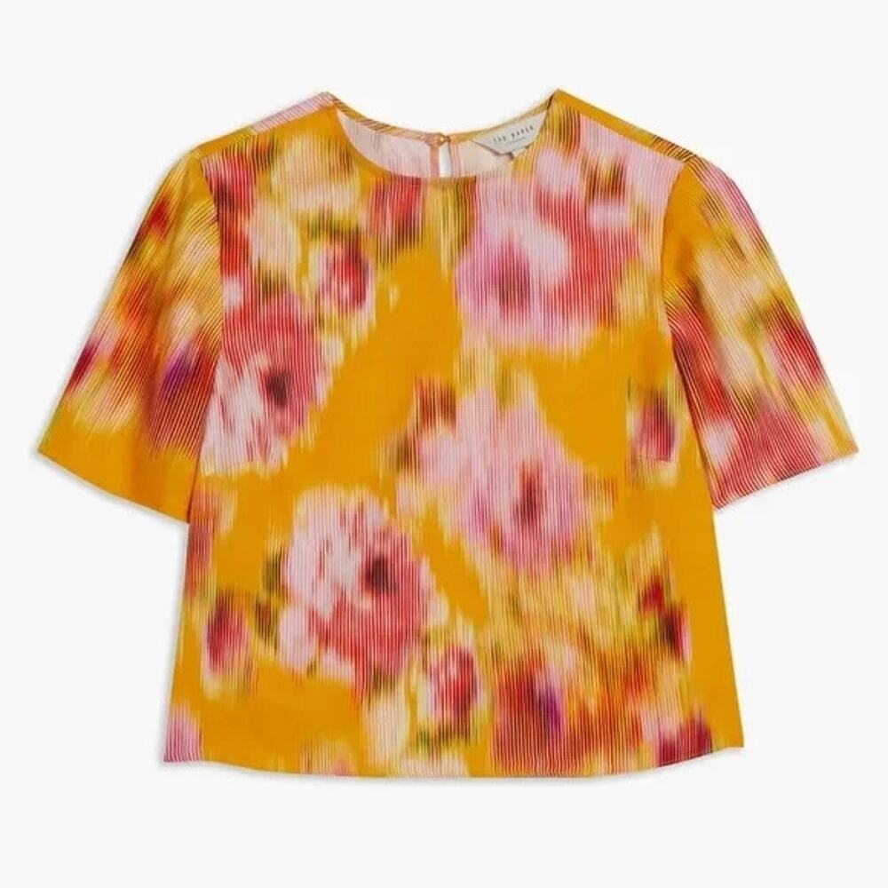Ted Baker Boxy Cropped Top Blouse Hitaku Short Sleeve Top Yellow Orange 2 4 6 S